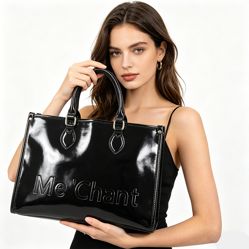 Shoulder Bag Structured - 女性用黒光沢パテントPUレザートートバッグ、構造化トップハンドルハンドバッグ、大容量ショルダーバッグ、仕事、日常、ショッピング用