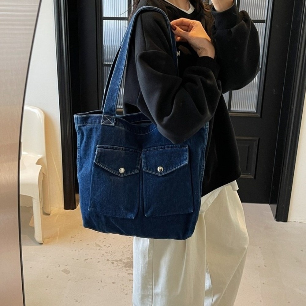 Shoulder Bag Structured - 大容量デニムショルダーバッグ 多ポケット構造 丈夫なハンドル ブックトートバッグ 耐久性のある生地 裏打ち縫製