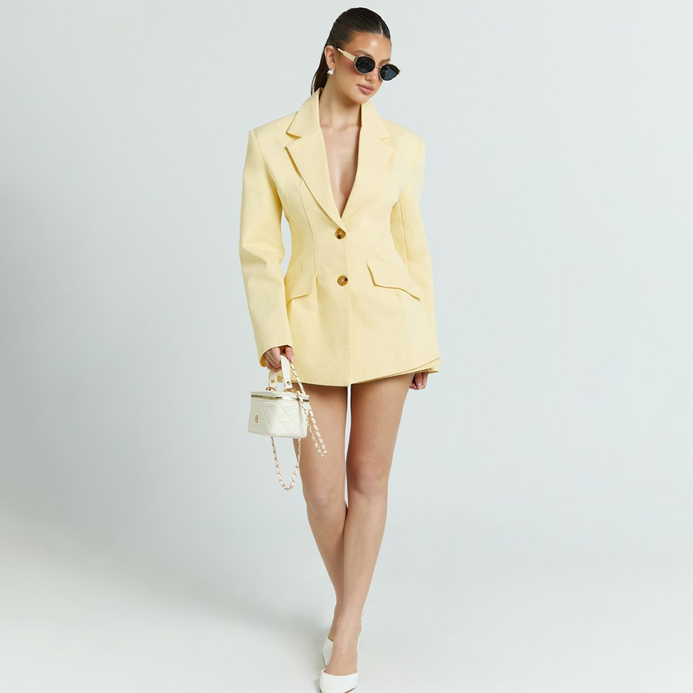Yellow Formal Wear Women - ライトイエローの女性用2ピーススーツセット、ノッチドラペルシングルブレストジャケット+ハイウエストショーツ、エレガントなフォーマルオフィスレディーの普段着