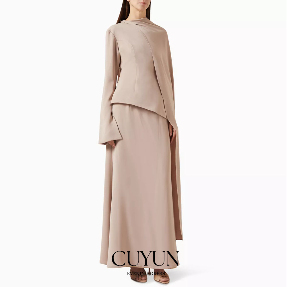 Women'S Formal Wear For A Wedding Guest - CUYUN カスタムメイド カーキ色 控えめな足首丈のプロムガウン 長袖 エレガント