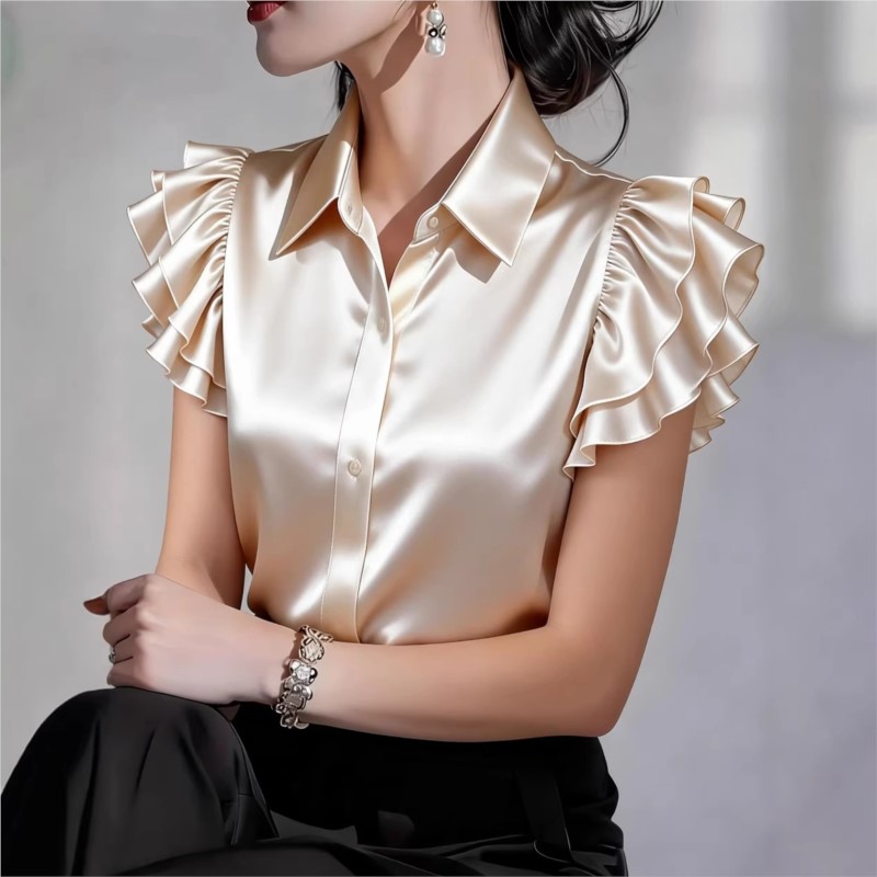 Silk Blouse Button - カジュアルフリル半袖ブラウス 2026 春夏ターンダウン襟シルクサテンシャツトップス女性のための服新しいオフィスレディ