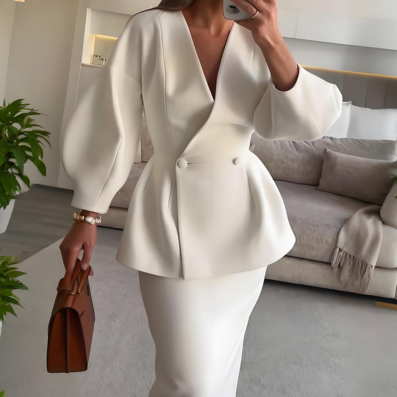 Women Formal Wear For Meeting - 2ピースセット レディース エレガントなブレザーとスカートのセット パフスリーブ付き ビジネス会議、オフィスウェア、フォーマルなイベントに最適