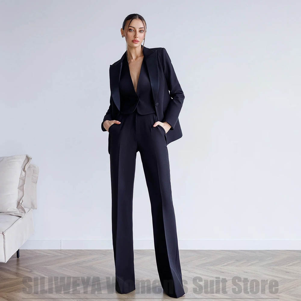 Women Formal Wear For Meeting - レディース3ピーススーツ ブレザー ベスト ワイドレッグパンツ セット エレガント