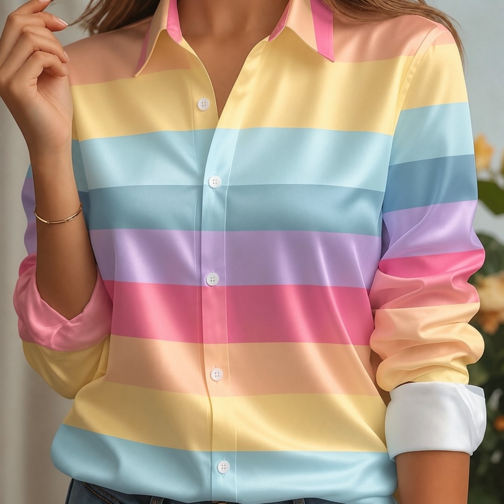 Silk Blouse Button - 女性用サテンラペルカラーシャツ、パステルストライププリント、長袖ルーズブラウス、エレガントオフィスデイリーカジュアル、ボタンフロント、シルクのような肌触り