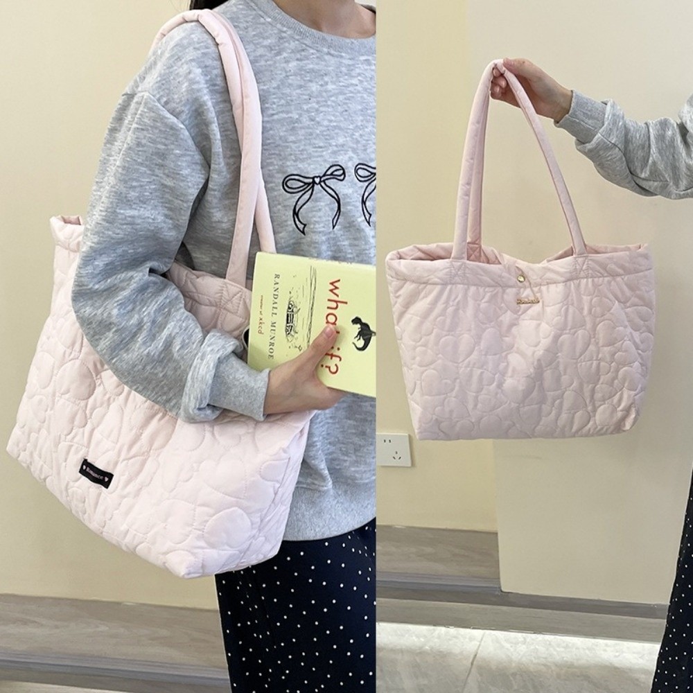 Shoulder Bag Structured - 女性用大容量ショルダーバッグ綿パッド入りハート刺繍ダウンハンドバッグソリッドカラートートバッグ