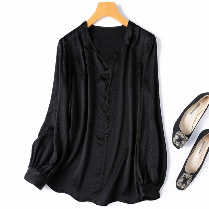 Silk Blouse Button - レディースシルクブラウス 93%桑絹 7%スパンデックス 19匁 ブラック Vネック