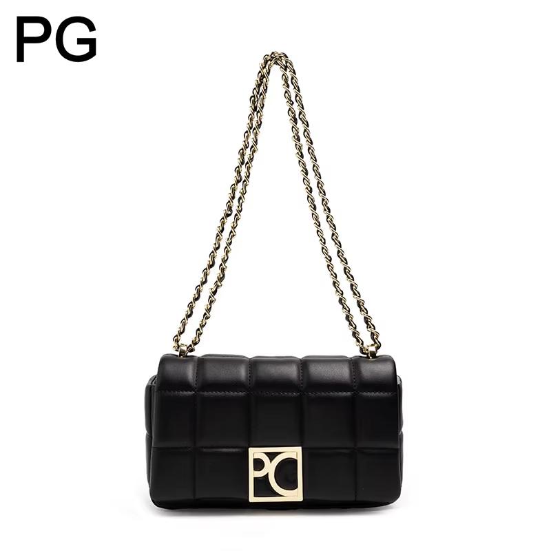 Shoulder Bag Structured - PG クロスボディバッグ女性用高級キルティングレザーハンドバッグファッションゴールドチェーンストラップショルダーバッグエレガントなパッド入りロゴデイリーバッグ
