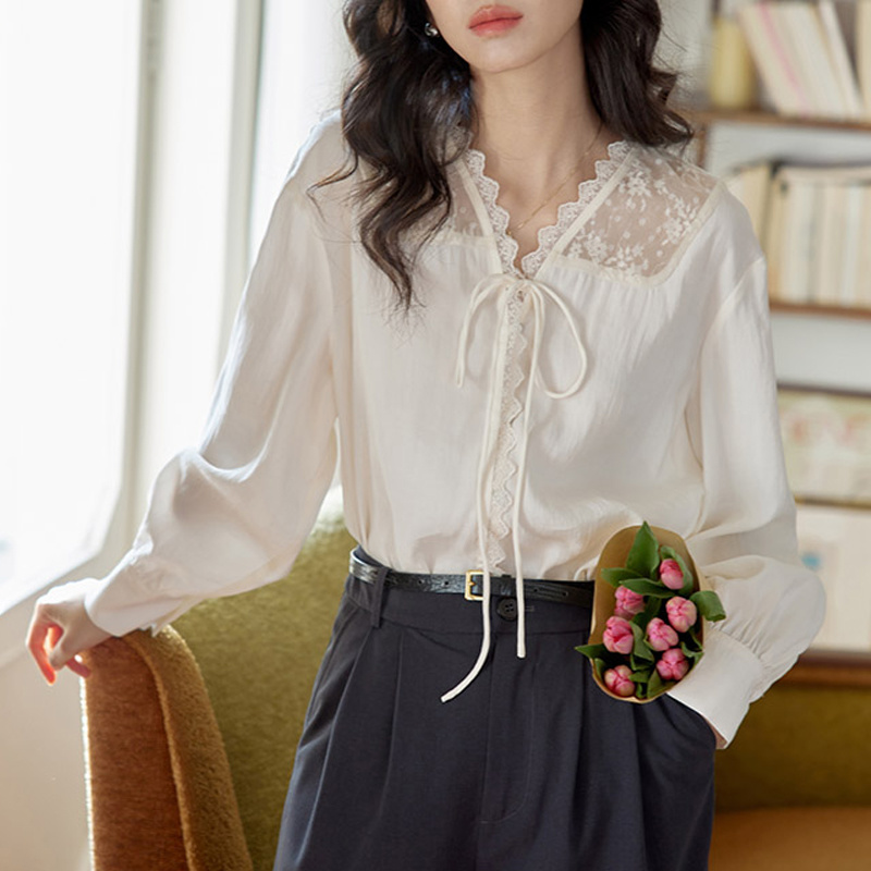 Women Formal Wear Korean - 長袖シャツ レディース サテン スタンドカラー リラックスフィット プリーツ袖