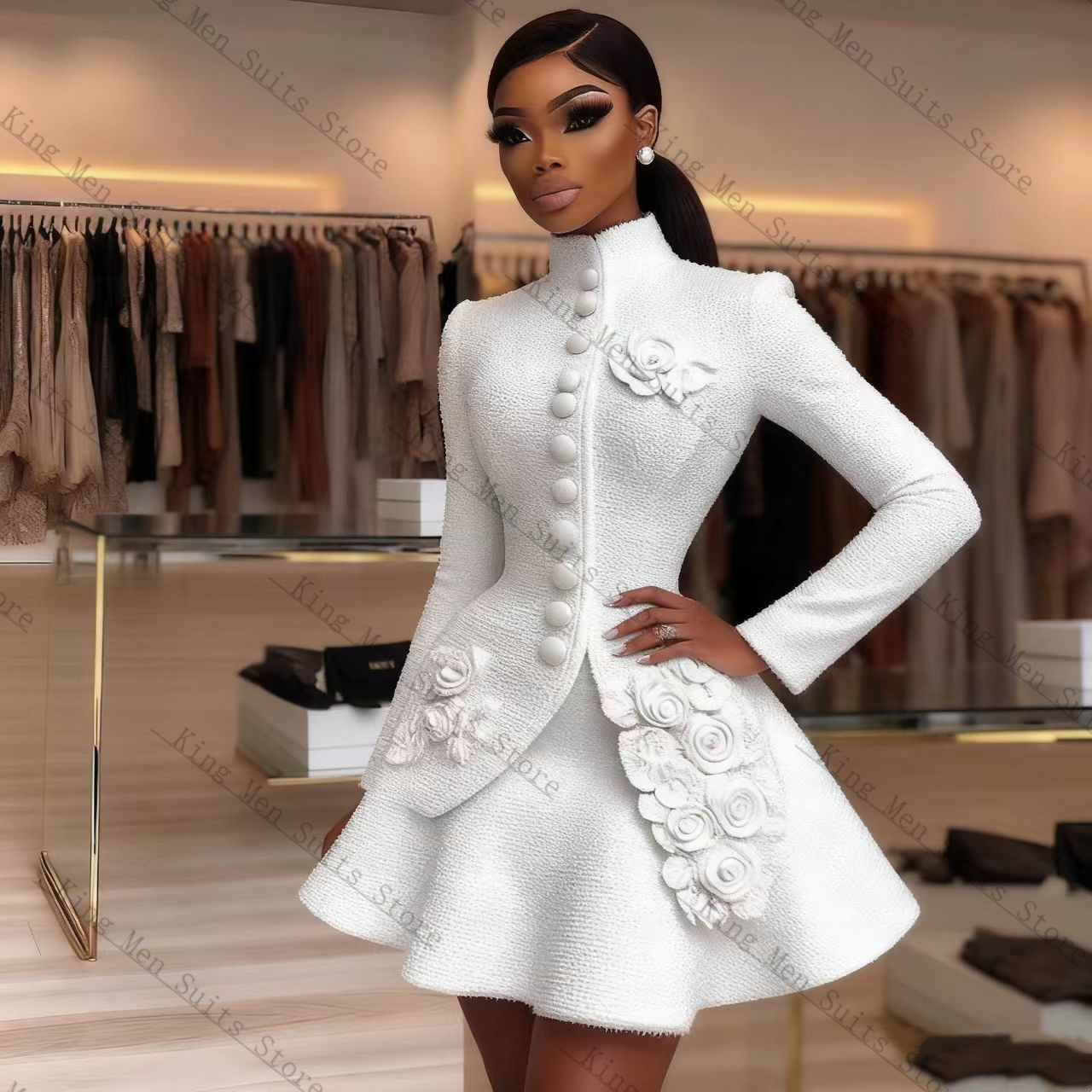 Women'S Formal Wear For A Wedding Guest - 高級白人女性スーツセット 2 個ブレザー + ショートミニウエディングドレス 3D