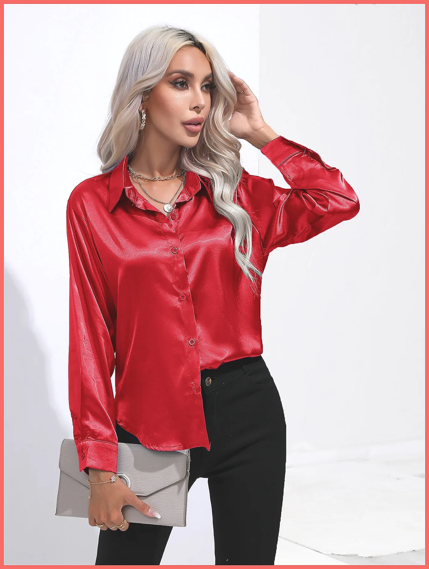 Silk Blouse Button - 2025年春夏 サテンシャツ レディース Vネック 長袖 シルクブラウス