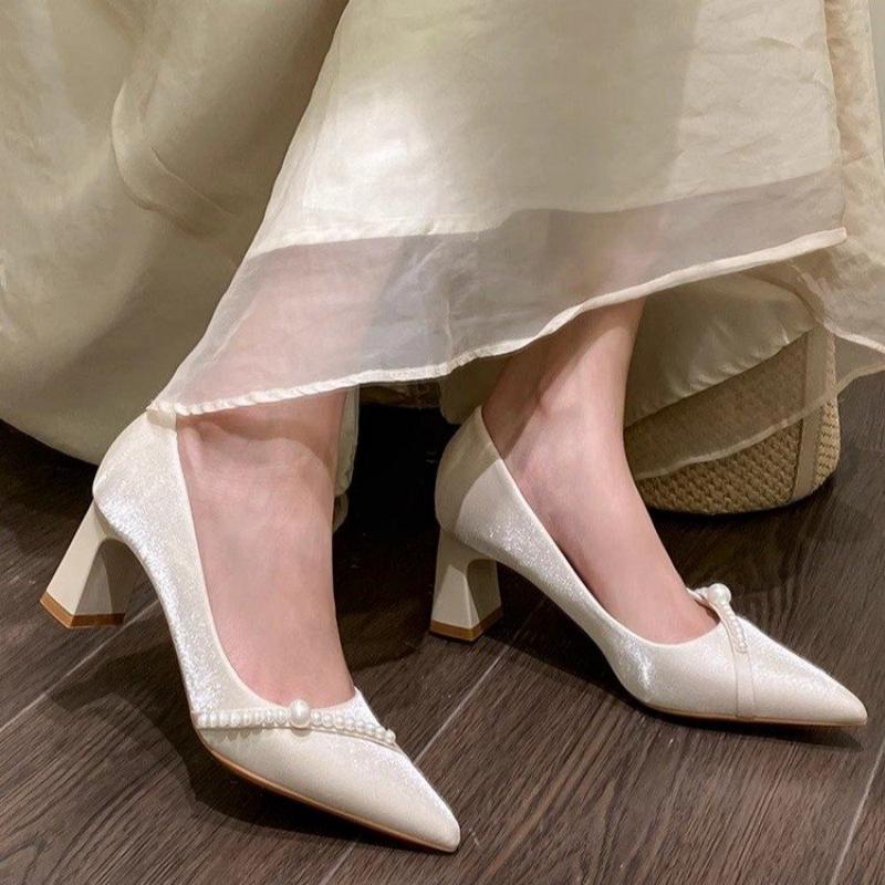 Women Formal Wear For Office - エレガントなパール装飾のポインテッドトゥブロックヒール、優しいスタイルのコンフォートパンプス、女性用クラシックオフィスドレスシューズ