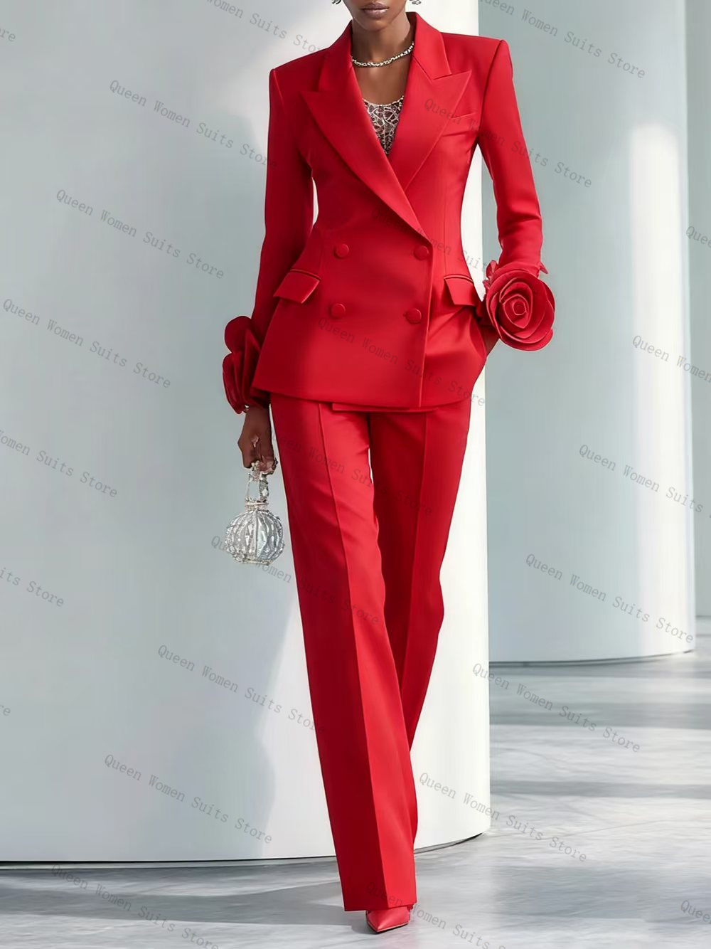 Women'S Formal Wear For A Wedding Guest - 高級レッド女性スーツセット 2 個ブレザー + パンツズボン 3D