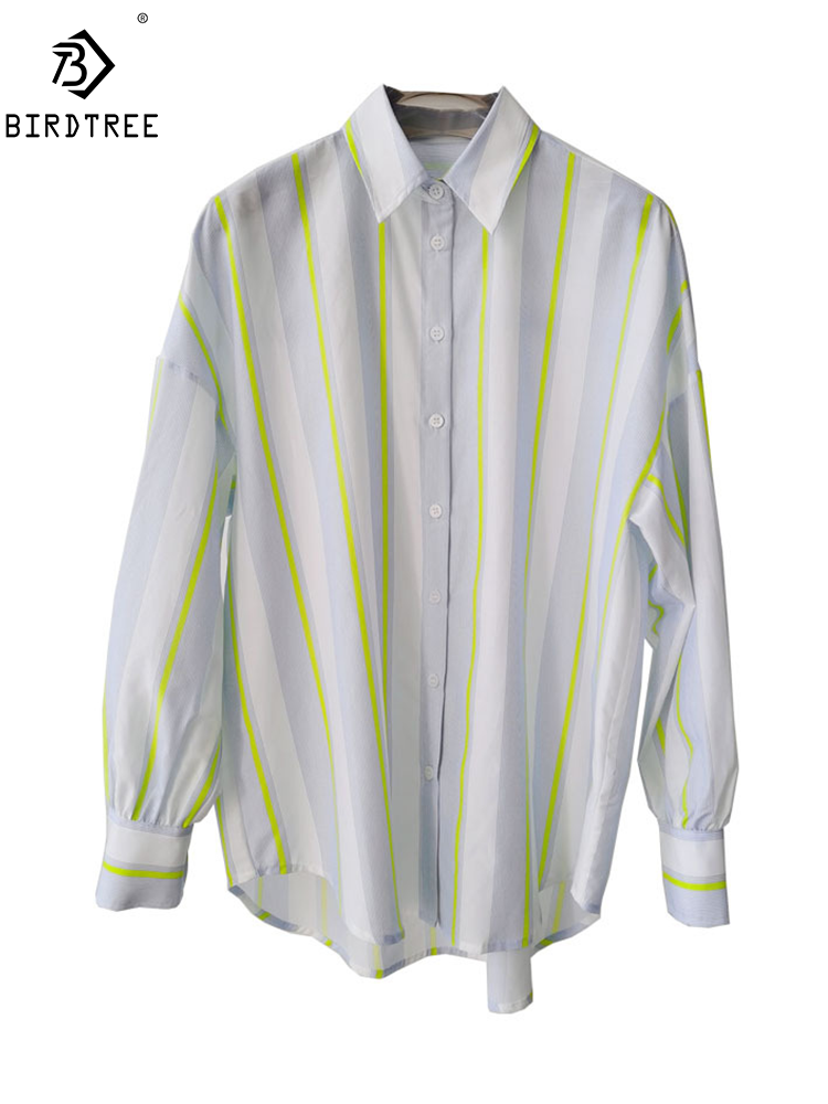 Silk Blouse Button - BirdTree、16MM 27.7% リアルシルク エレガントシャツ、女性用ストライプ長袖、OLファッションカジュアルブラウス、2026春新作 T44985QM