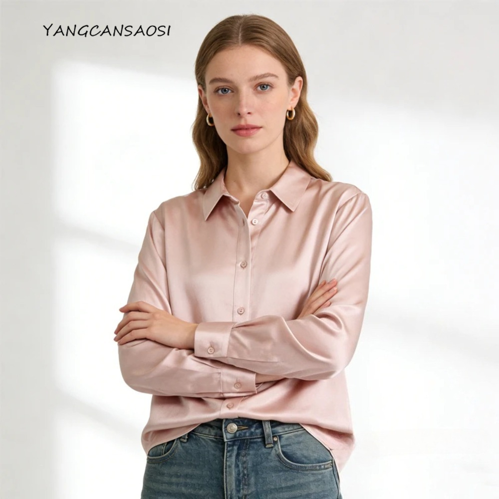 Silk Blouse Button - ヘビー35MM 100%天然桑絹サテン通勤用シングルブレスト肌に優しい快適なポロカラー長袖シャツ