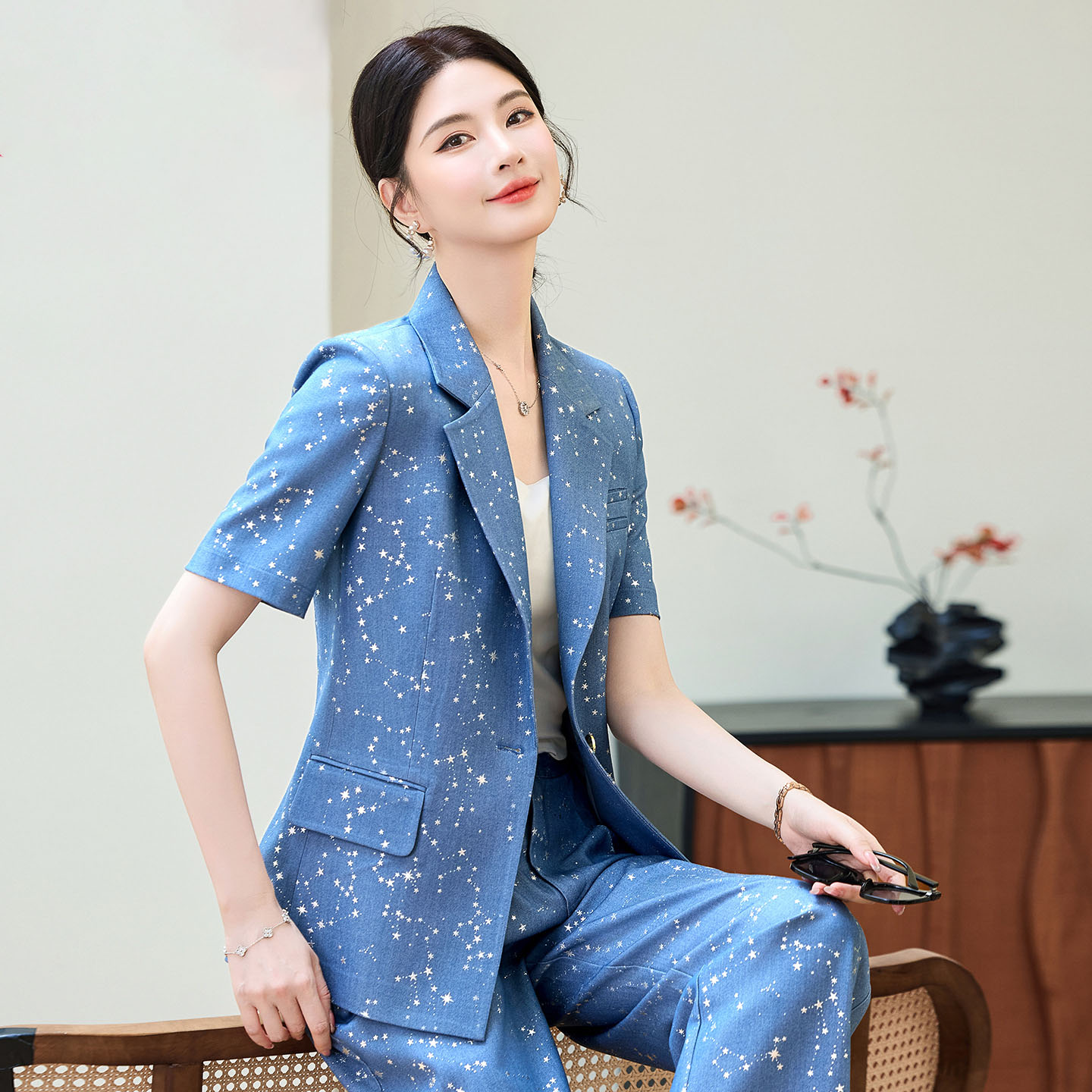 Yellow Formal Wear Women - ファッションブルーイエロー半袖プロフェッショナルスーツ女性新しい夏エレガントなフォーマルスリムブレザーとパンツオフィスレディースワークウェア