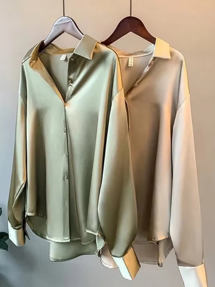 Silk Blouse Button - 2026 エレガントサテンルーズ女性用シャツ 春 ターンダウンカラー レディースブラウス 秋