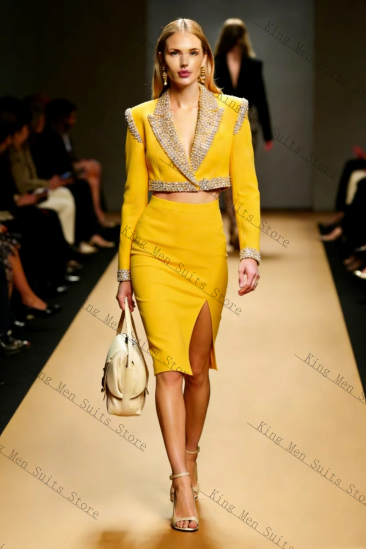 Yellow Formal Wear Women - イエロークリスタル女性スーツスカートセット 2 個ブレザー + プロムドレスカスタマイズされたフォーマルゲスト結婚式タキシードコートプロムパーティージャケット