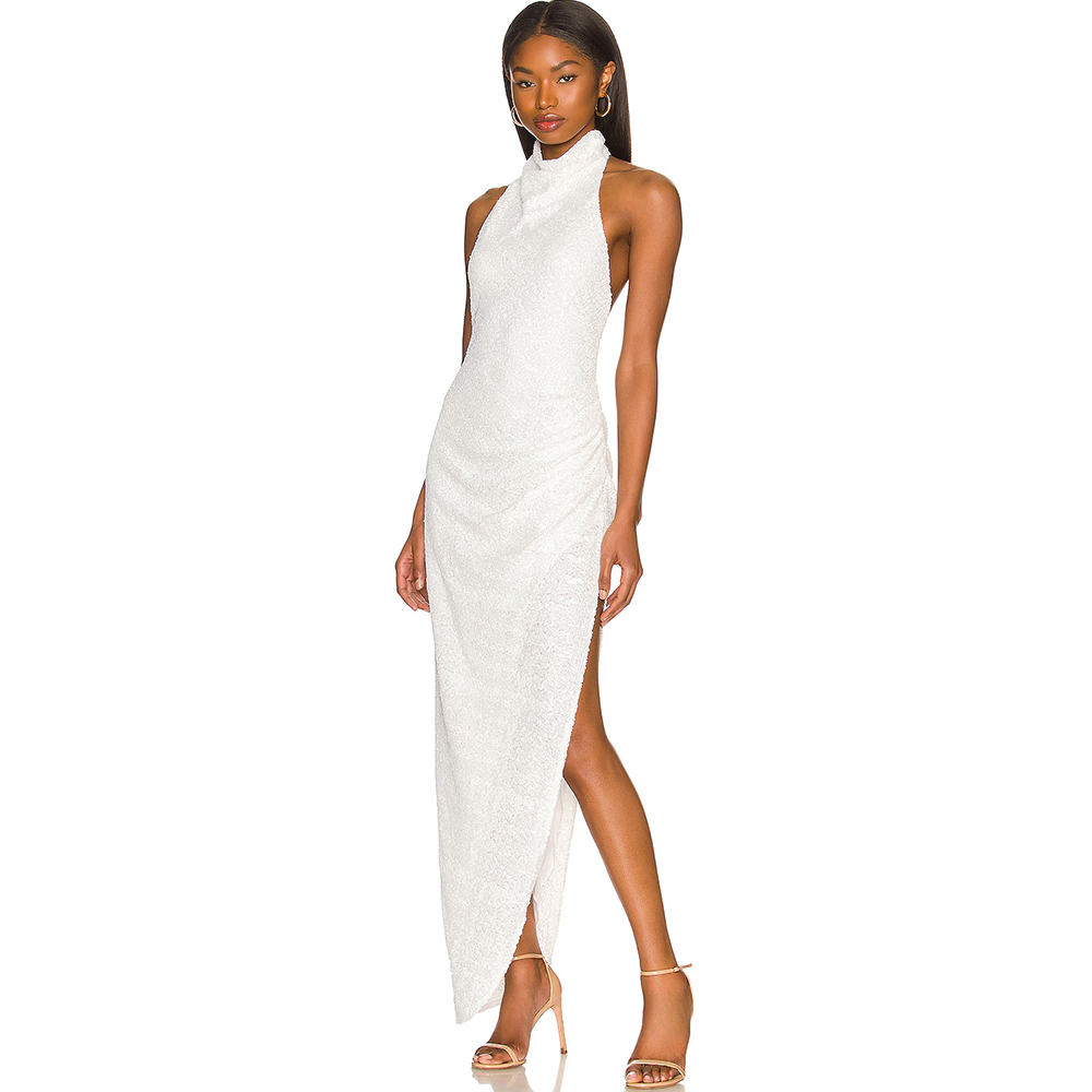 Women'S Formal Wear For A Wedding Guest - イブニングドレス ホルターネックラインドレス ホワイトスパンコール ハイスリット フォーマルウェア 女性用