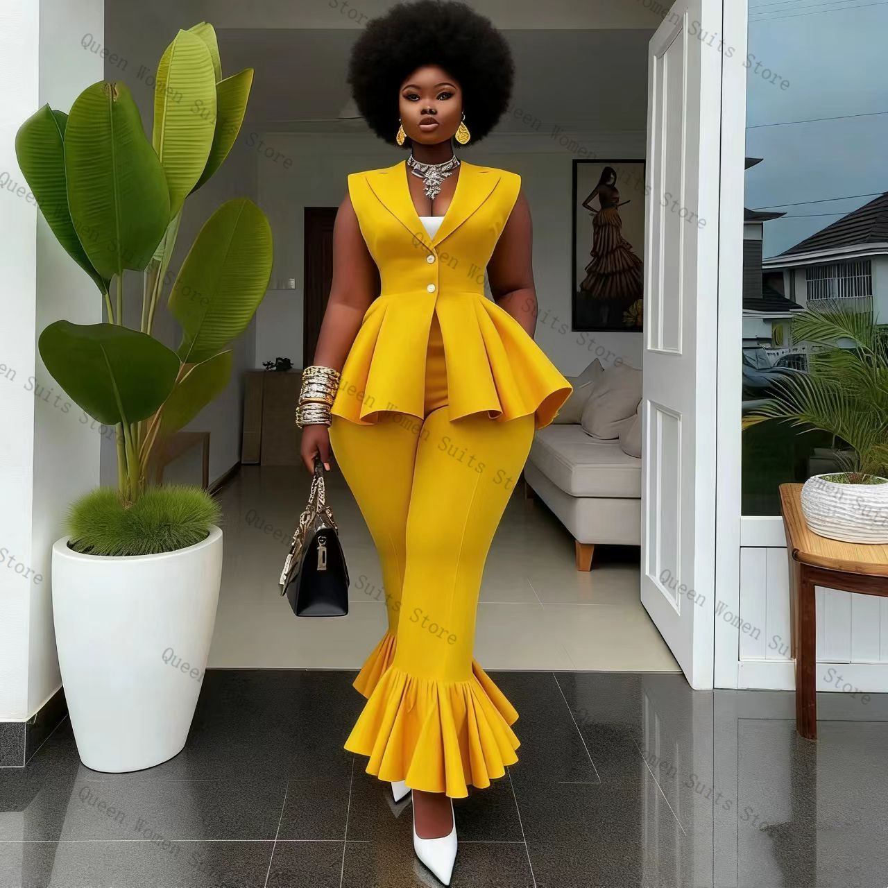Yellow Formal Wear Women - 黄色の女性スーツパンツセット 2 個ベスト + パンツ綿プロムフォーマルオフィスレディジャケットノースリーブウェディングコートカスタマイズ