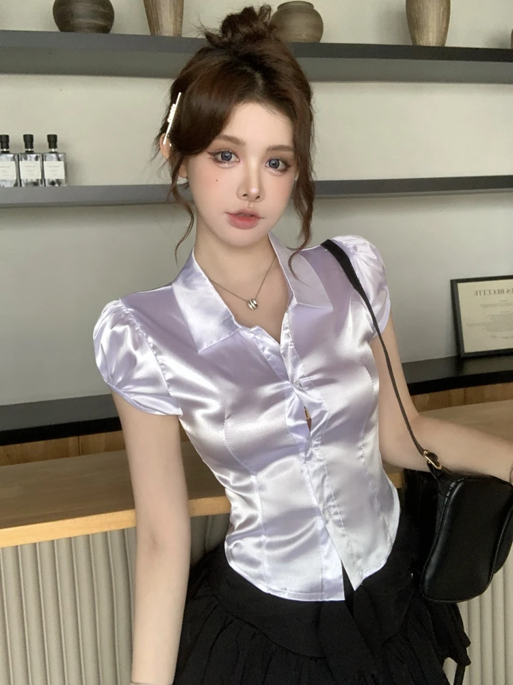 Silk Blouse Button - 2026年夏セクシーシルクシャツ レディース 韓国ファッション服 半袖ボタンアップ レディース ホワイトパフスリーブ