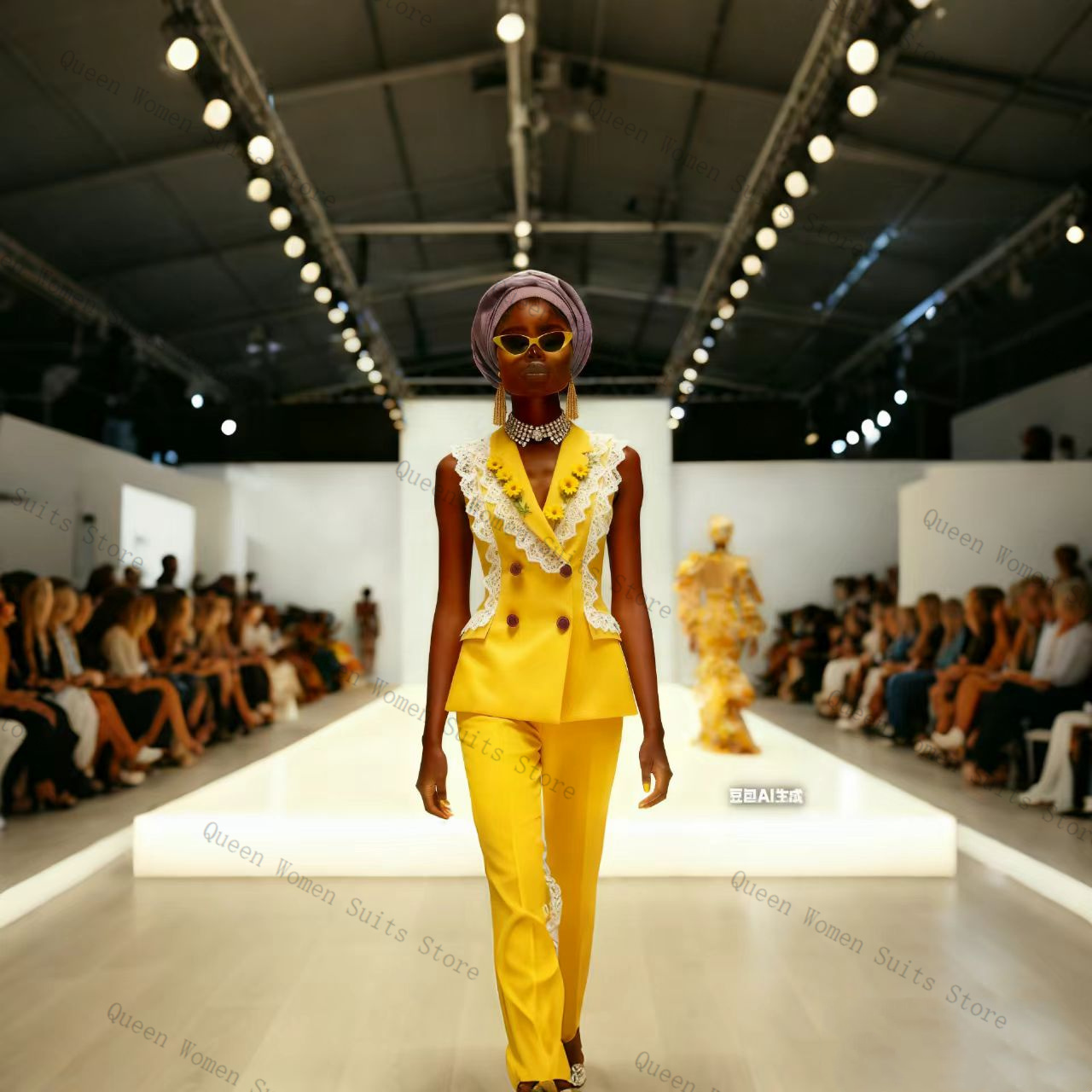 Yellow Formal Wear Women - イエローホワイトレース女性スーツパンツセット 2 個ベスト + ズボンウエディングコットンフォーマルオフィスレディジャケットウェディングコートカスタマイズ