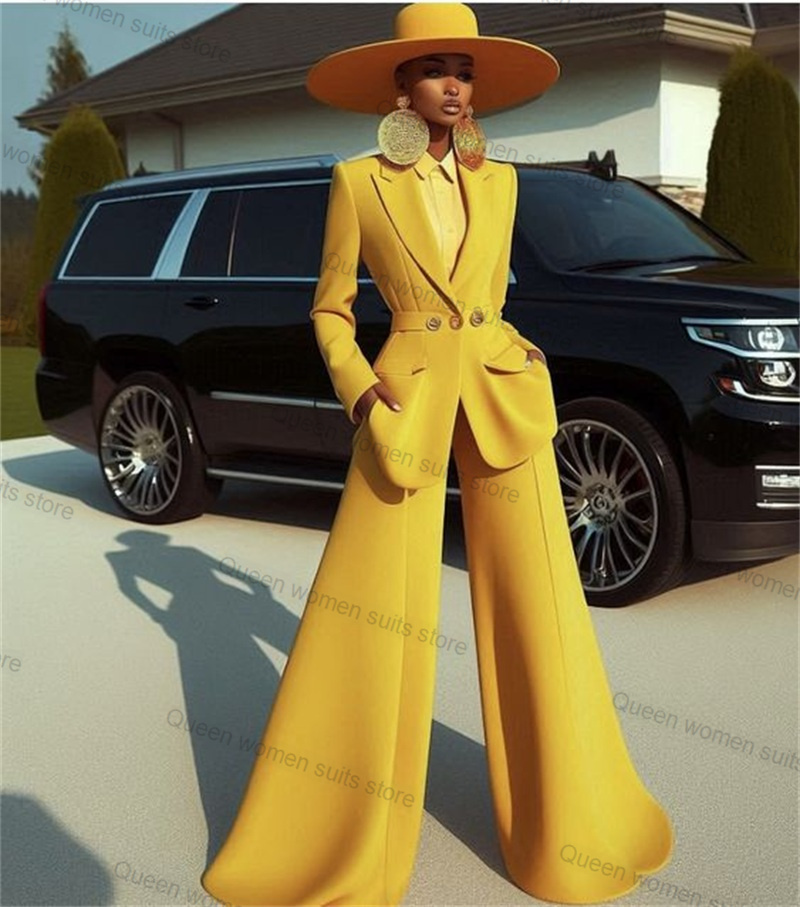 Yellow Formal Wear Women - 女性の黄色の綿のスーツセット,ブレザーとワイドレッグパンツ,フォーマルコート,ジャケット,ウエディングドレス,フォーマル,オフィス,女性,秋,秋,2個
