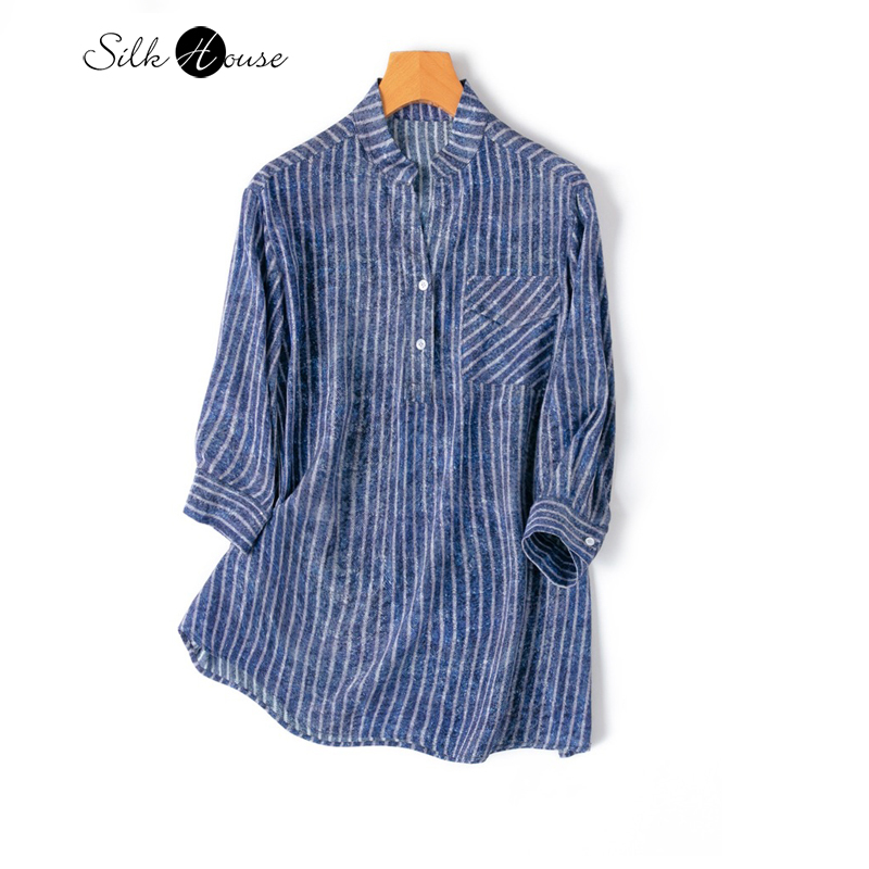 Silk Blouse Button - 女性の縦型ストライプシャツ、100% 天然マルベリーシルク、Vネック七分袖、デニムテクスチャ、春と夏のファッション、新しい、2024