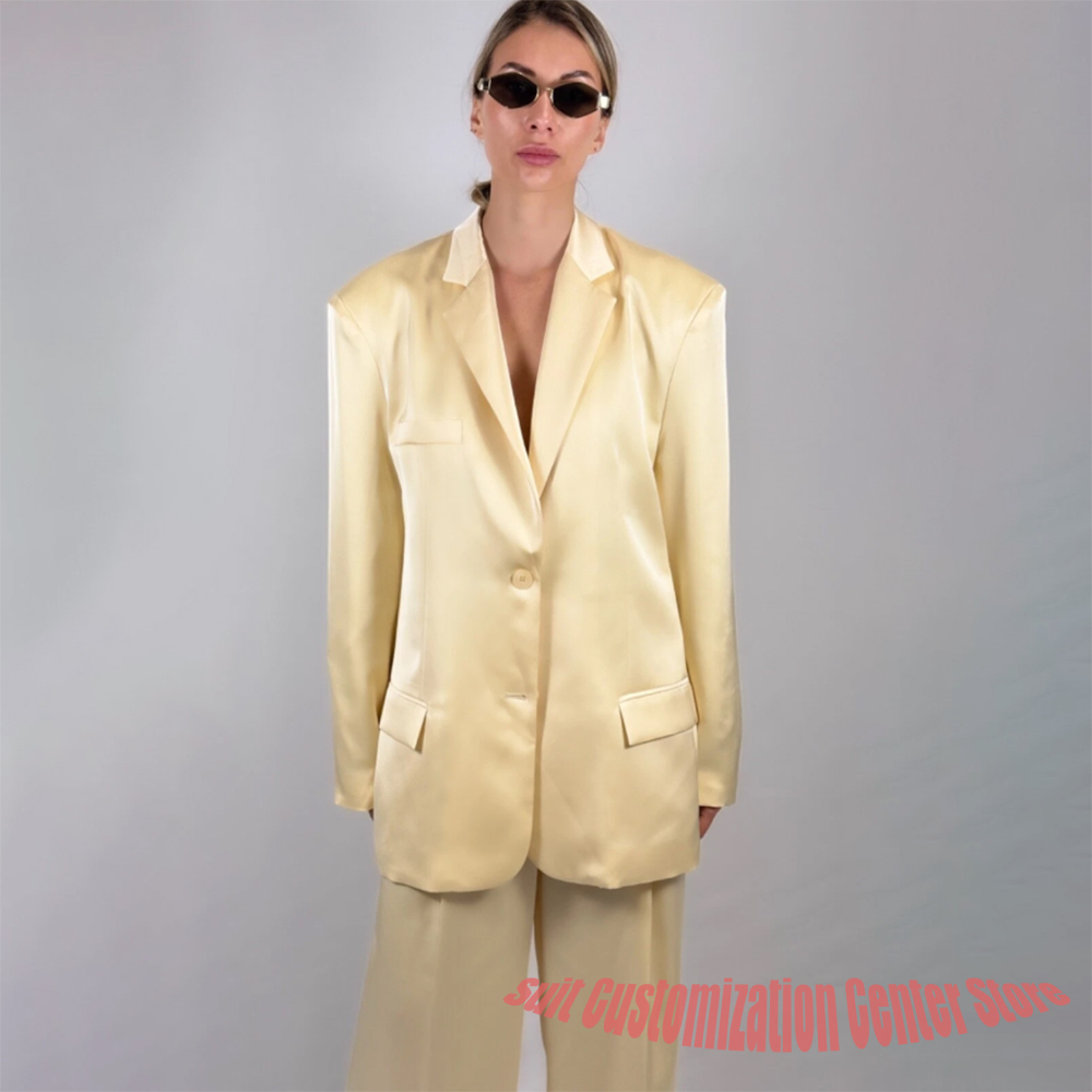 Yellow Formal Wear Women - カジュアルな女性用イエローサテンパンツセット、シングルブレストのゆったりとしたスーツ、普段着や夜のパーティーに最適なカジュアルフォーマルウェア