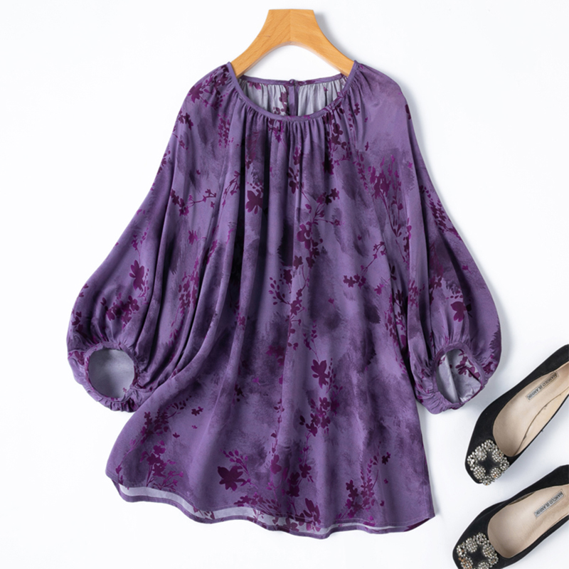 Silk Blouse Button - レディースシルクブラウス 100% マルベリークレープシルク パープル 花柄プリント ルーズタイプ