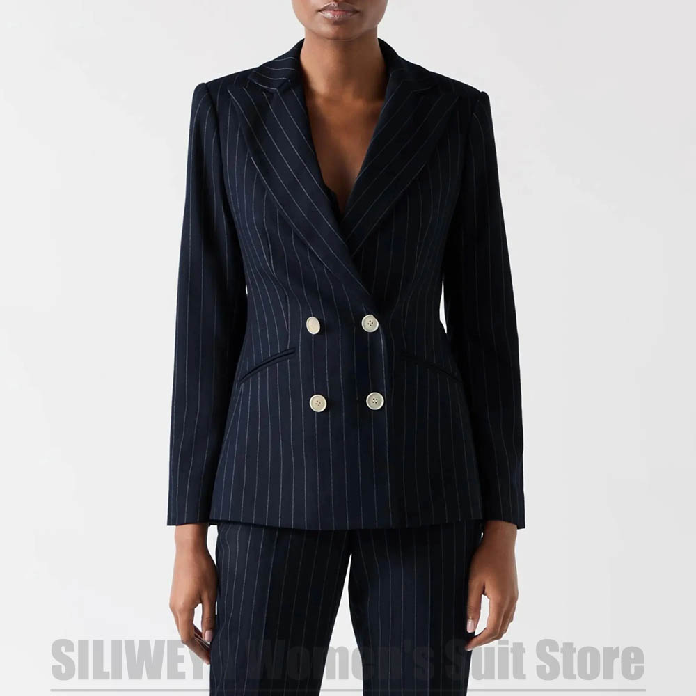 Women Formal Wear For Meeting - レディース ネイビーブルー ストライプ スーツ ダブルブレスト ブレザーとパンツ
