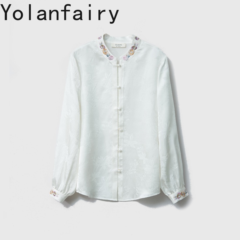 Silk Blouse Button - YOLANFAIRY 100% 桑シルクシャツ女性エレガントなブラウススタンドカラー刺繍クレープジャカードトップスとブラウスパールボタン