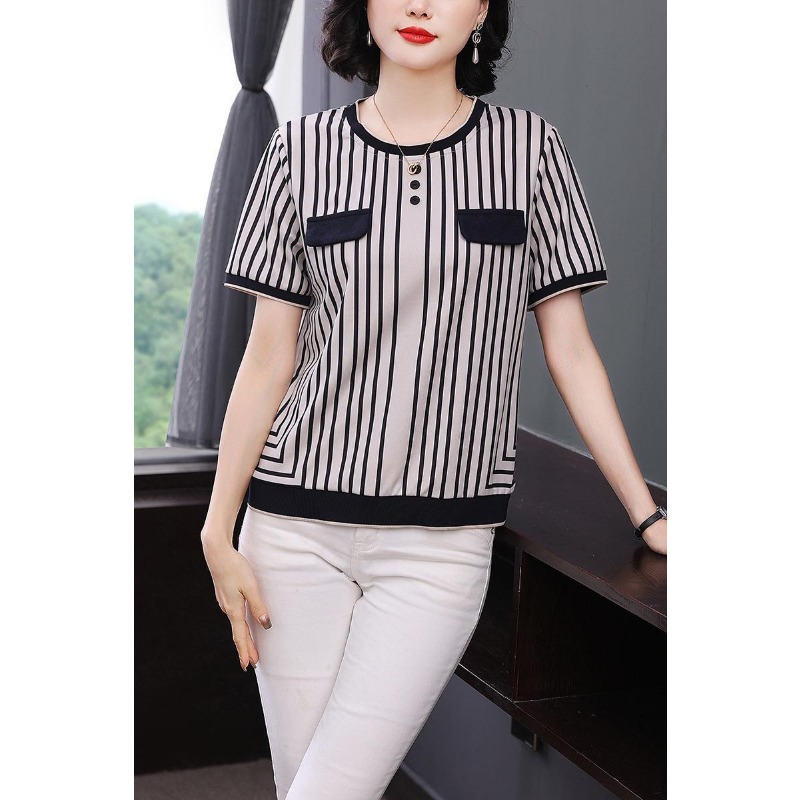 Silk Blouse Button - レディース ストライプ アイスシルク Tシャツ 半袖 カジュアル