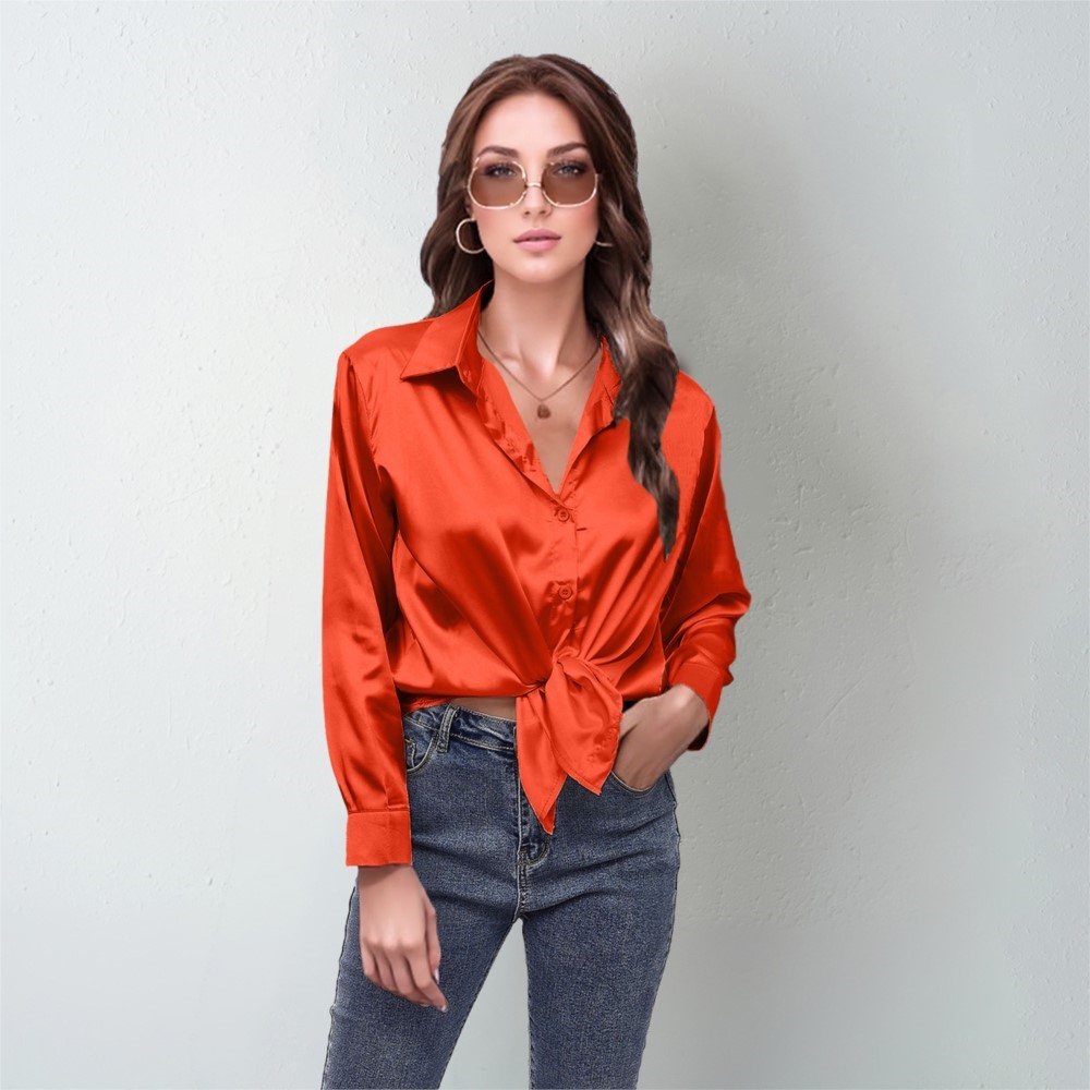 Silk Blouse Button - 春サテンシャツ女性ルーズボタンアップ赤ブラウスシャツレディース模造シルク長袖シャツ女性のための