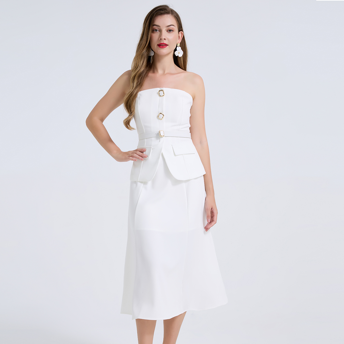 Women Formal Wear For Meeting - エレガントな2ピースレディースセットアップ、ダイヤモンドボタン付きストラップレスのトップスとスカートのセット、ビジネス会議、オフィスウェア、フォーマルなイベントに最適
