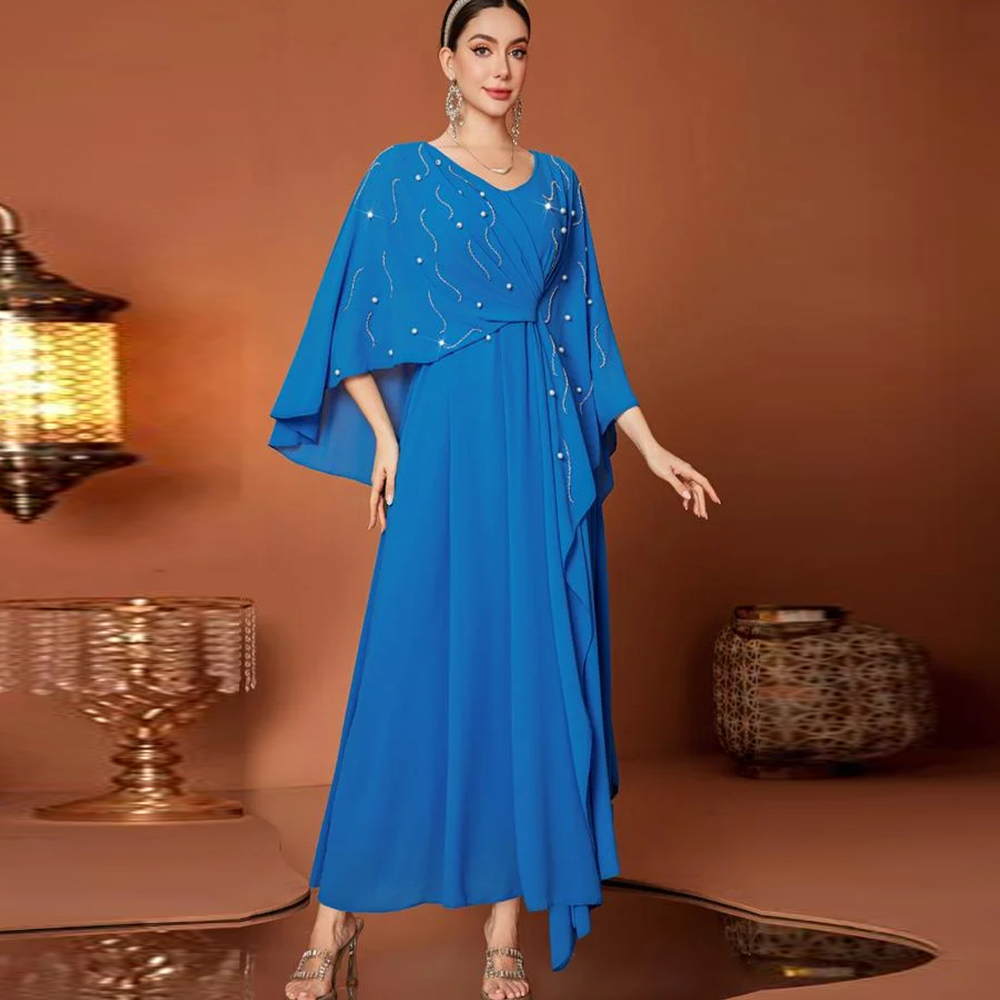 Women'S Formal Wear For A Wedding Guest - 豪華なイブニングドレス Vネック ケープスリーブ ビーズとラインストーン付き ツイストウエスト フォーマルウェア