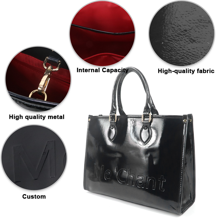 女性用黒光沢パテントPUレザートートバッグ、構造化トップハン - Shoulder Bag Structured のレビューと価格