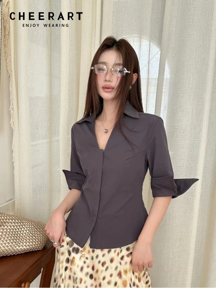 CHEERART 秋のレディースブラウスとシャツ グレーのボ - Women Formal Wear Korean のレビューと価格