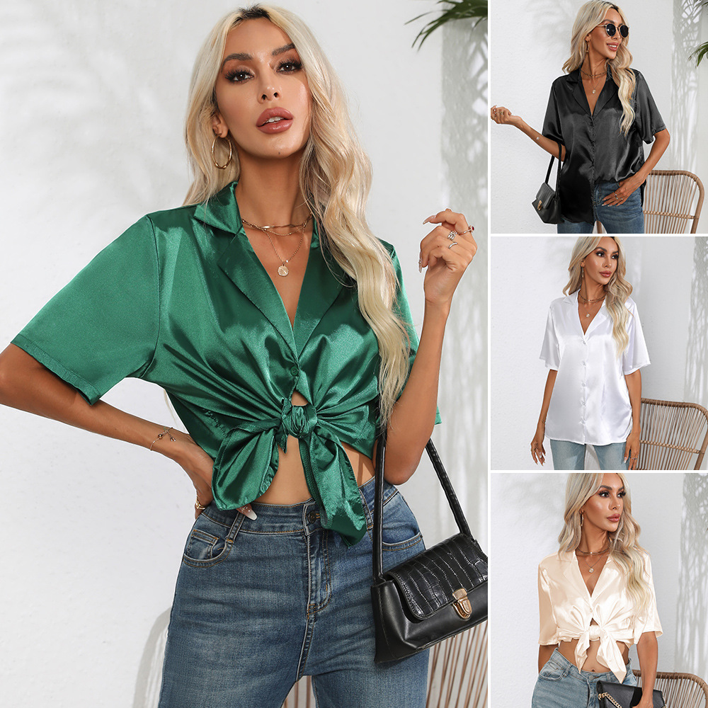 レディース新作無地サテンシルク風シャツ襟付きシングルブレスト - Silk Blouse Button のレビューと価格