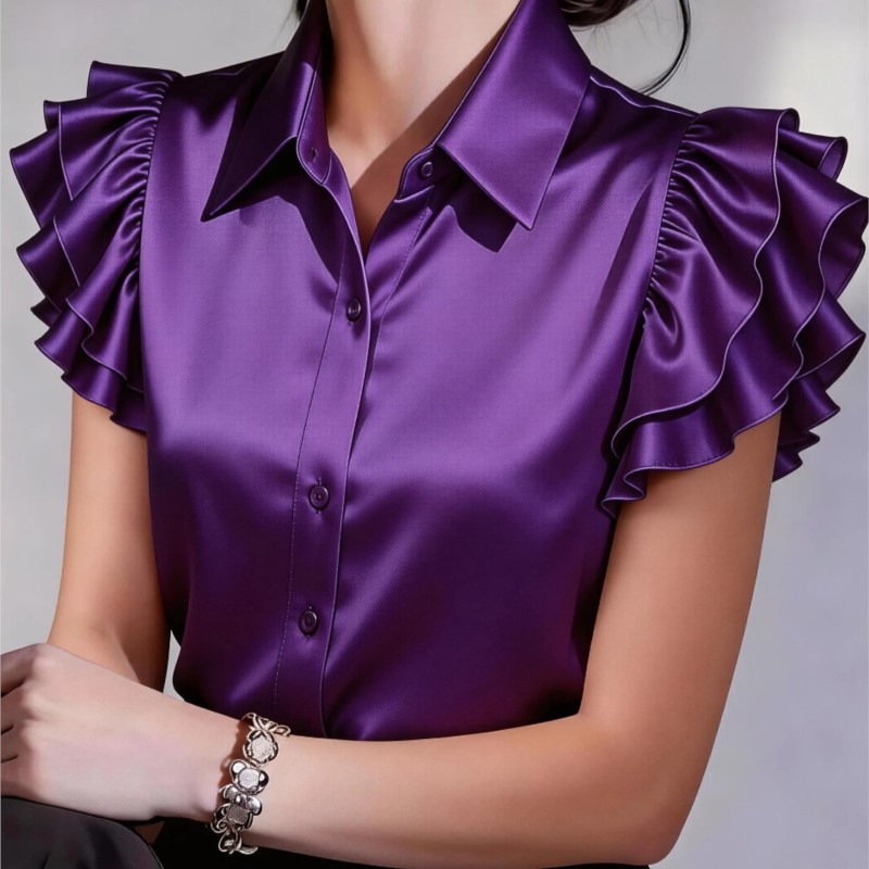カジュアルフリル半袖ブラウス 2026 春夏ターンダウン襟シ - Silk Blouse Button のレビューと価格