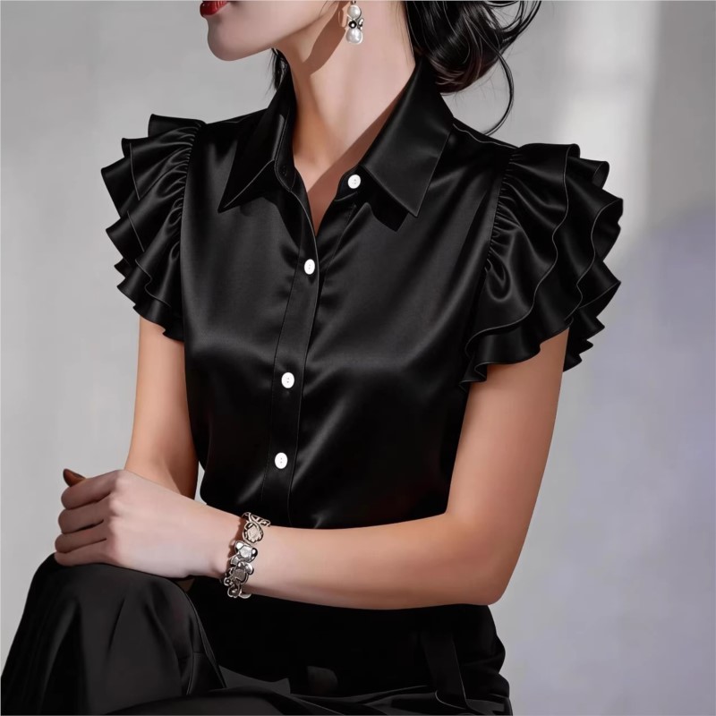 カジュアルフリル半袖ブラウス 2026 春夏ターンダウン襟シ - Silk Blouse Button のレビューと価格