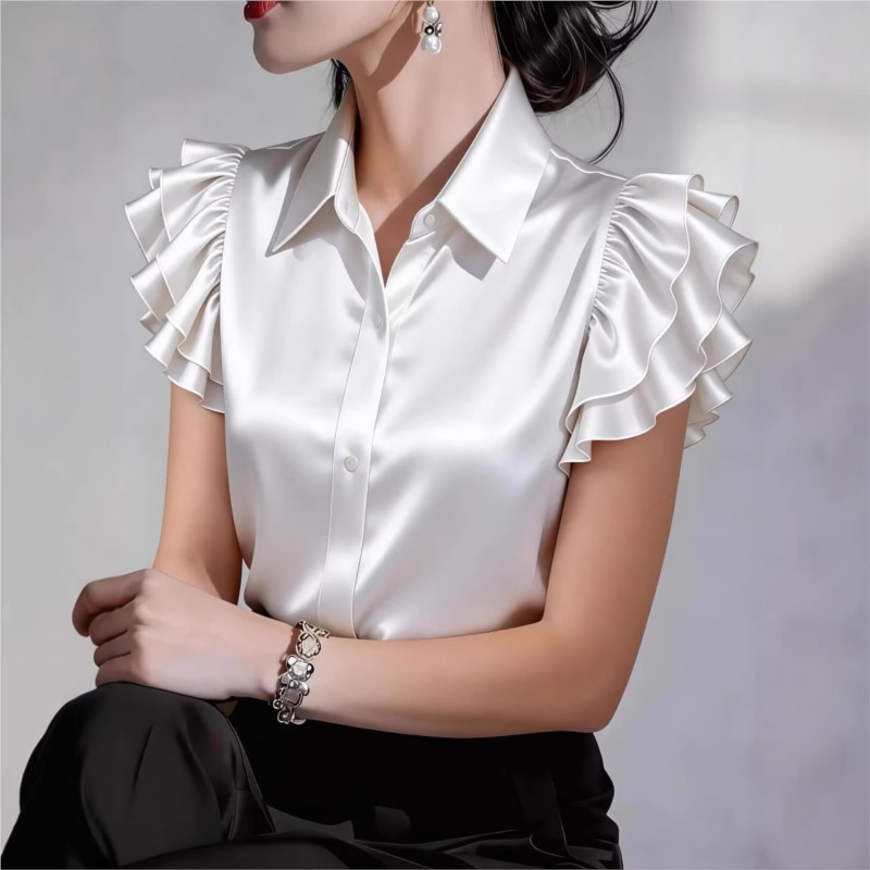 カジュアルフリル半袖ブラウス 2026 春夏ターンダウン襟シ - Silk Blouse Button のレビューと価格