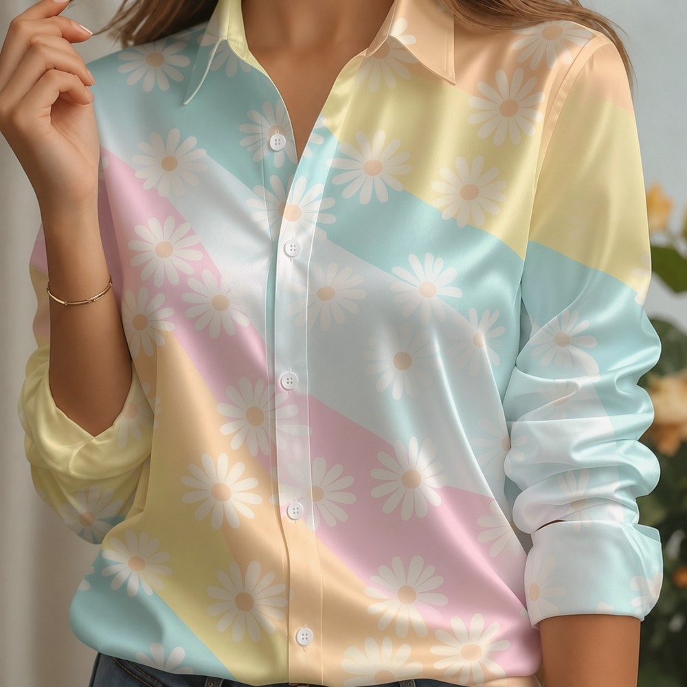 女性用サテンラペルカラーシャツ、パステルストライププリント、 - Silk Blouse Button のレビューと価格
