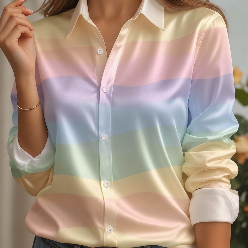 女性用サテンラペルカラーシャツ、パステルストライププリント、 - Silk Blouse Button のレビューと価格