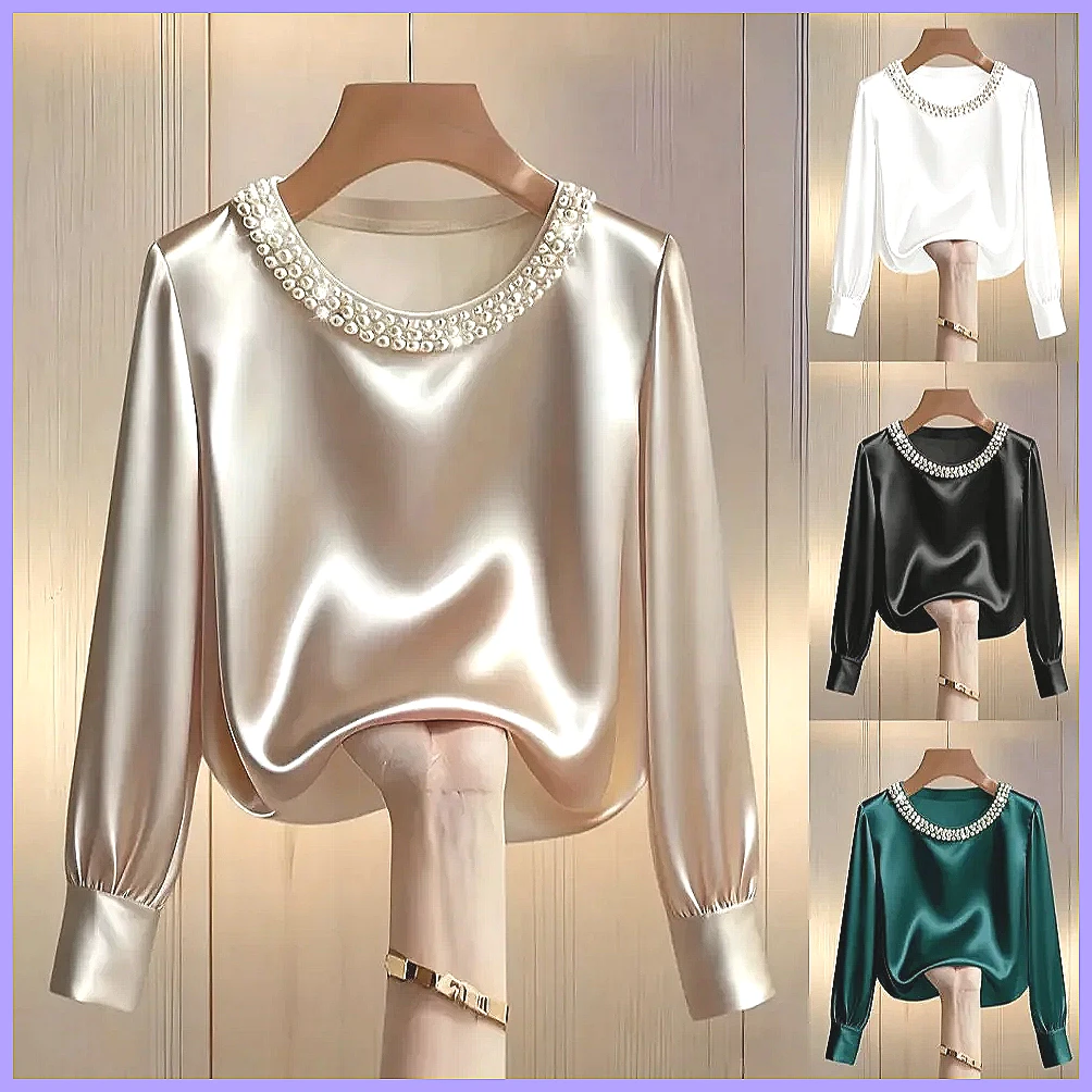 エレガントなビーズ付きサテンブラウス、女性用、ゆったりとした - Silk Blouse Button のレビューと価格