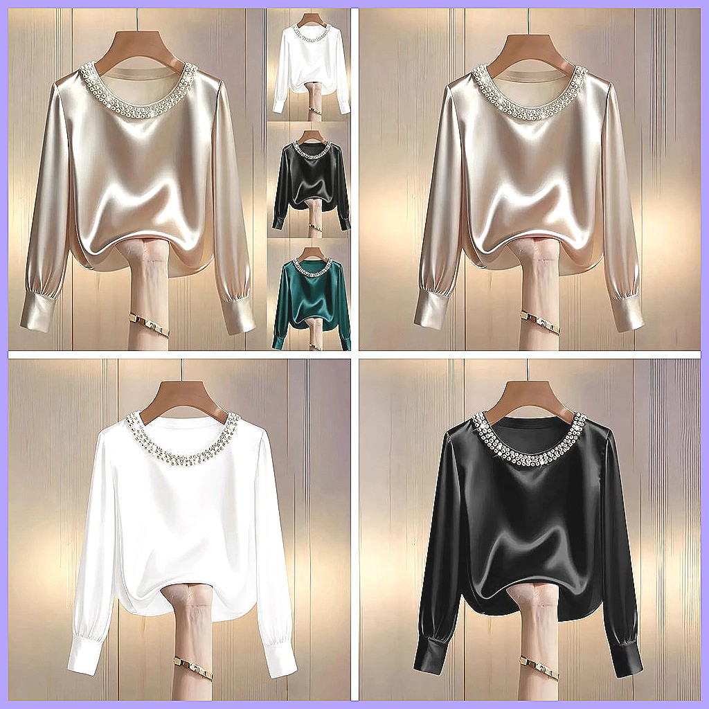 エレガントなビーズ付きサテンブラウス、女性用、ゆったりとした - Silk Blouse Button のレビューと価格