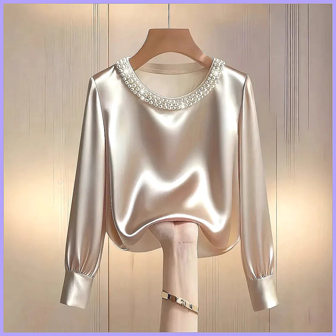 エレガントなビーズ付きサテンブラウス、女性用、ゆったりとした - Silk Blouse Button のレビューと価格