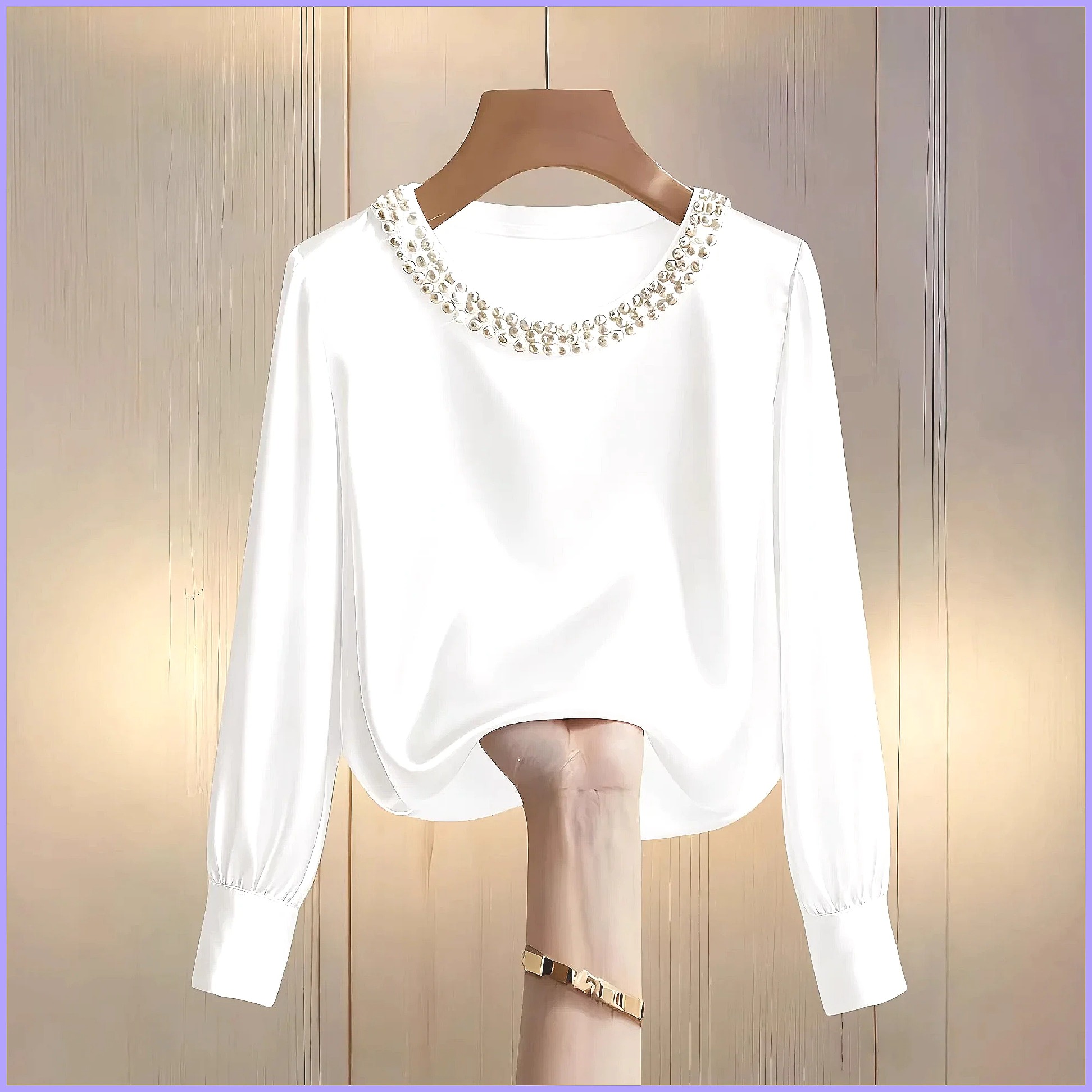 エレガントなビーズ付きサテンブラウス、女性用、ゆったりとした - Silk Blouse Button のレビューと価格