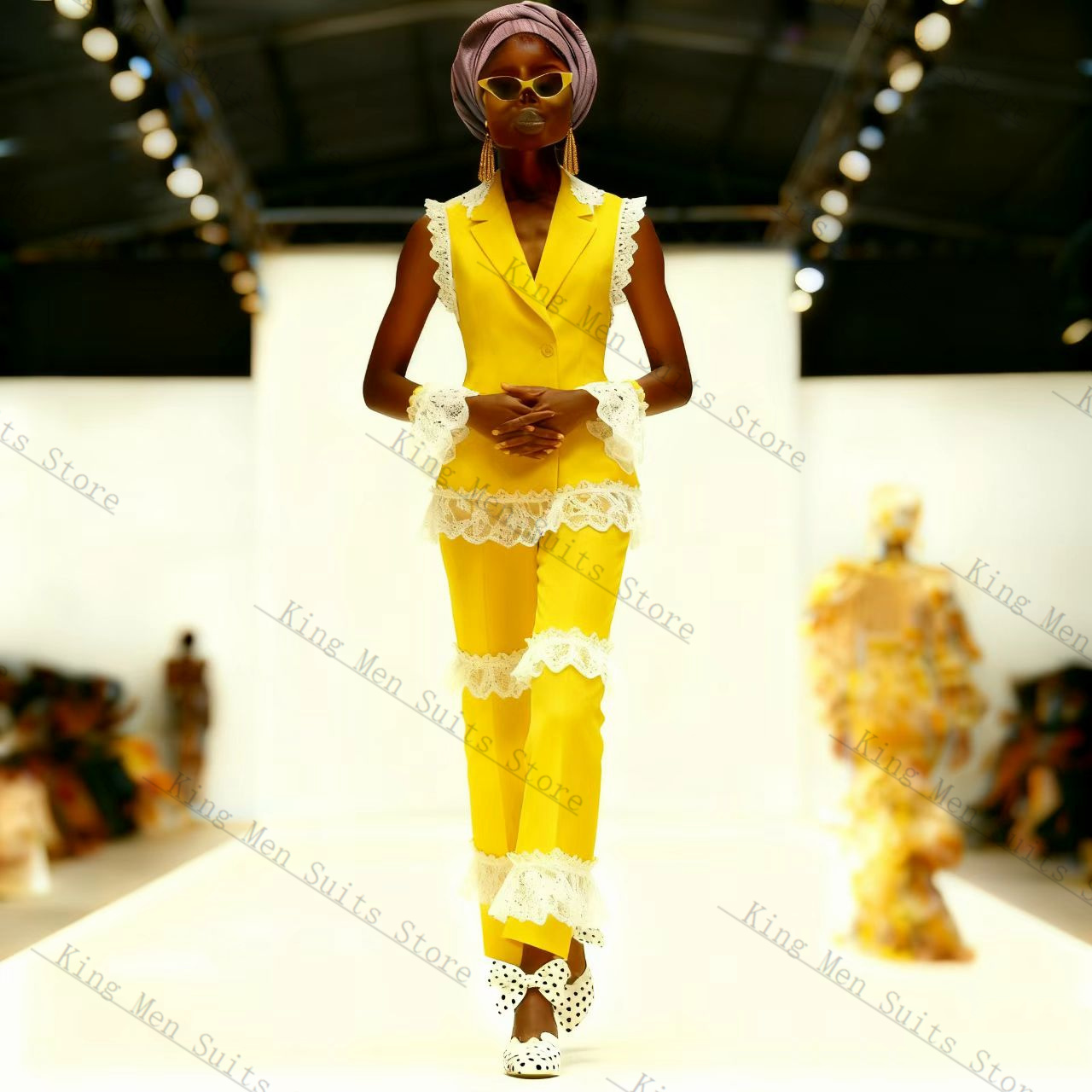 イエローホワイトレース女性スーツセット 2 個ベスト + パ - Yellow Formal Wear Women のレビューと価格