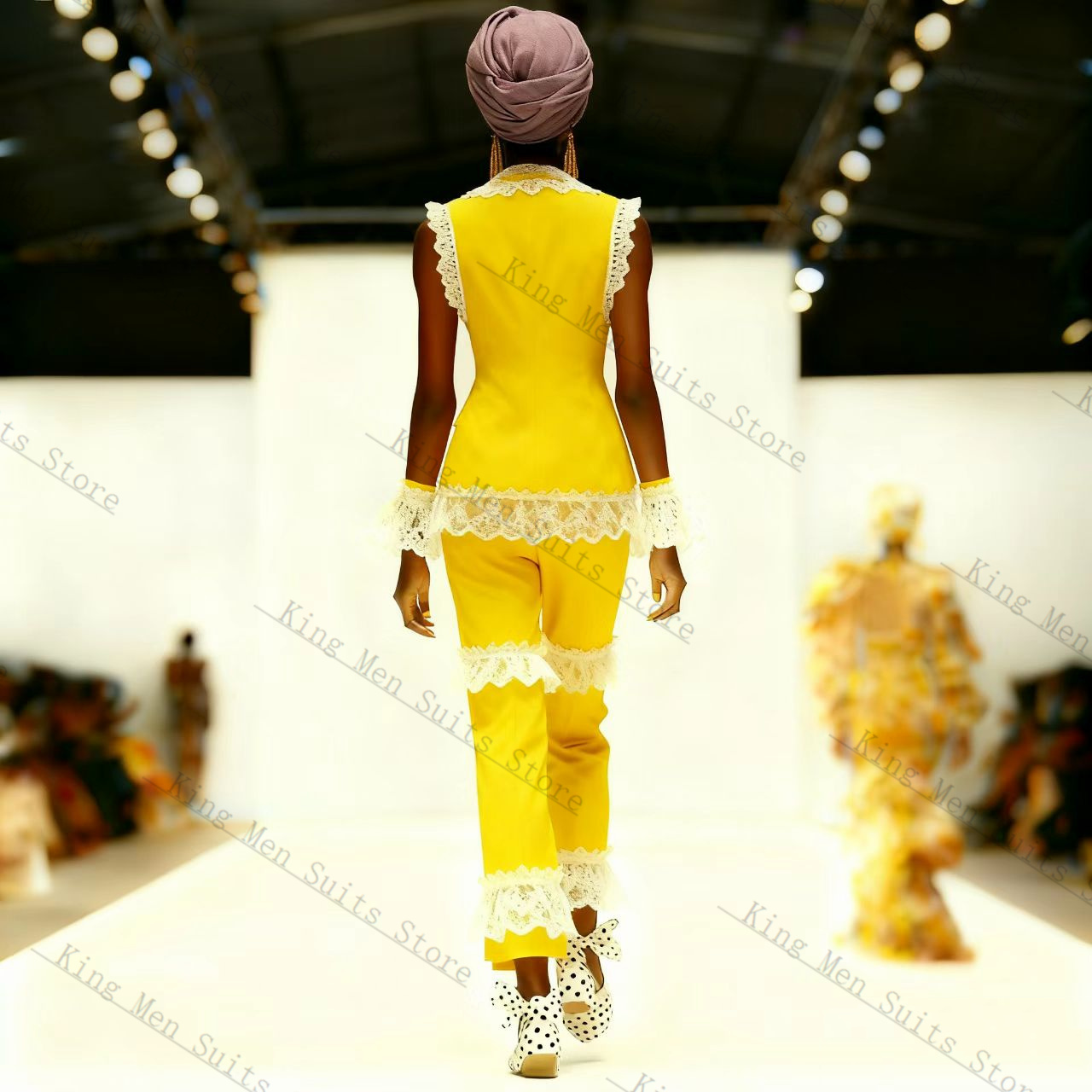 イエローホワイトレース女性スーツセット 2 個ベスト + パ - Yellow Formal Wear Women のレビューと価格
