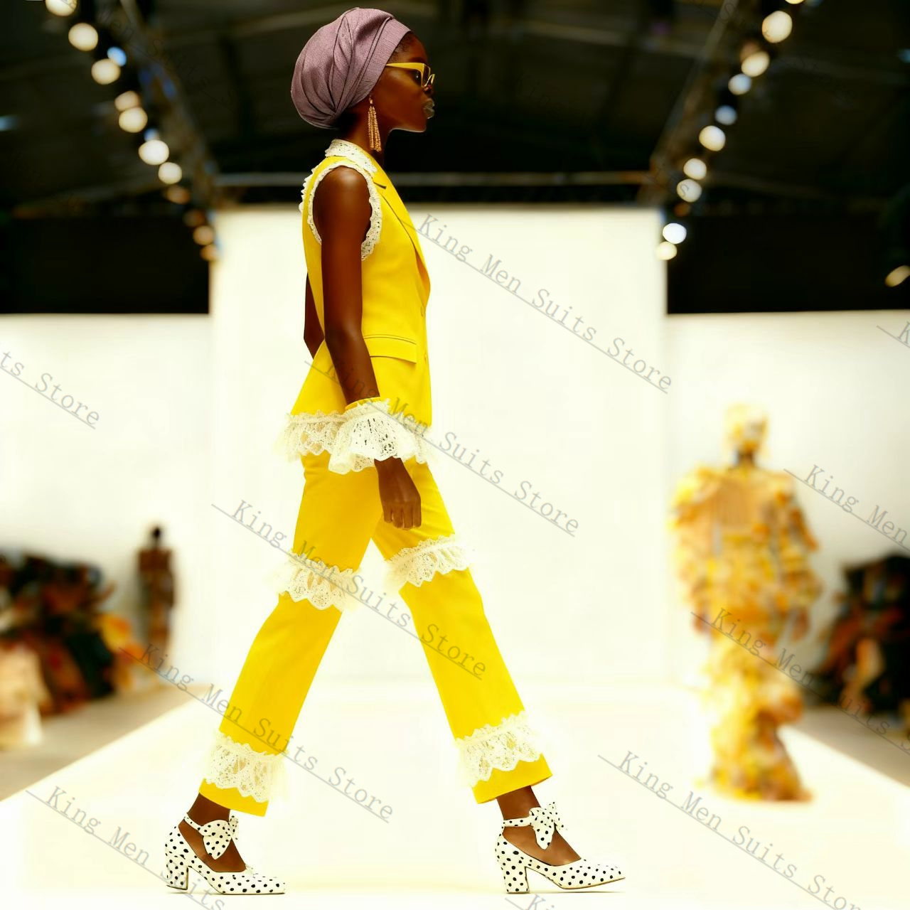 イエローホワイトレース女性スーツセット 2 個ベスト + パ - Yellow Formal Wear Women のレビューと価格